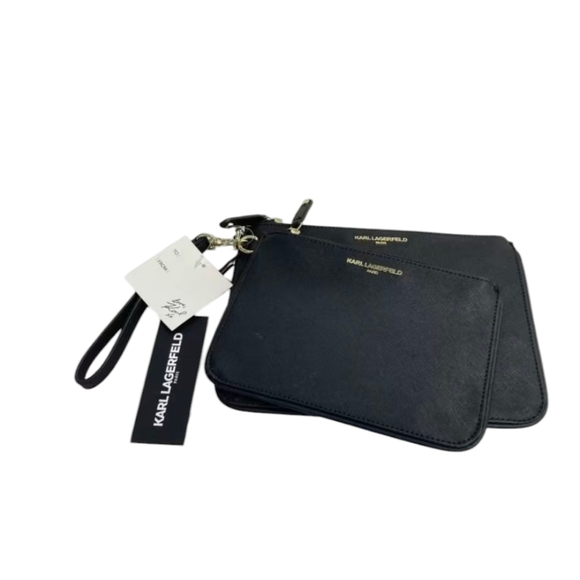 KARL LAGERFELD PARIS BLACK W/GOLD 2-PIECE ENVELOPE WRISTLET/CLUTCH SET! BNWT! - Picture 1 of 8